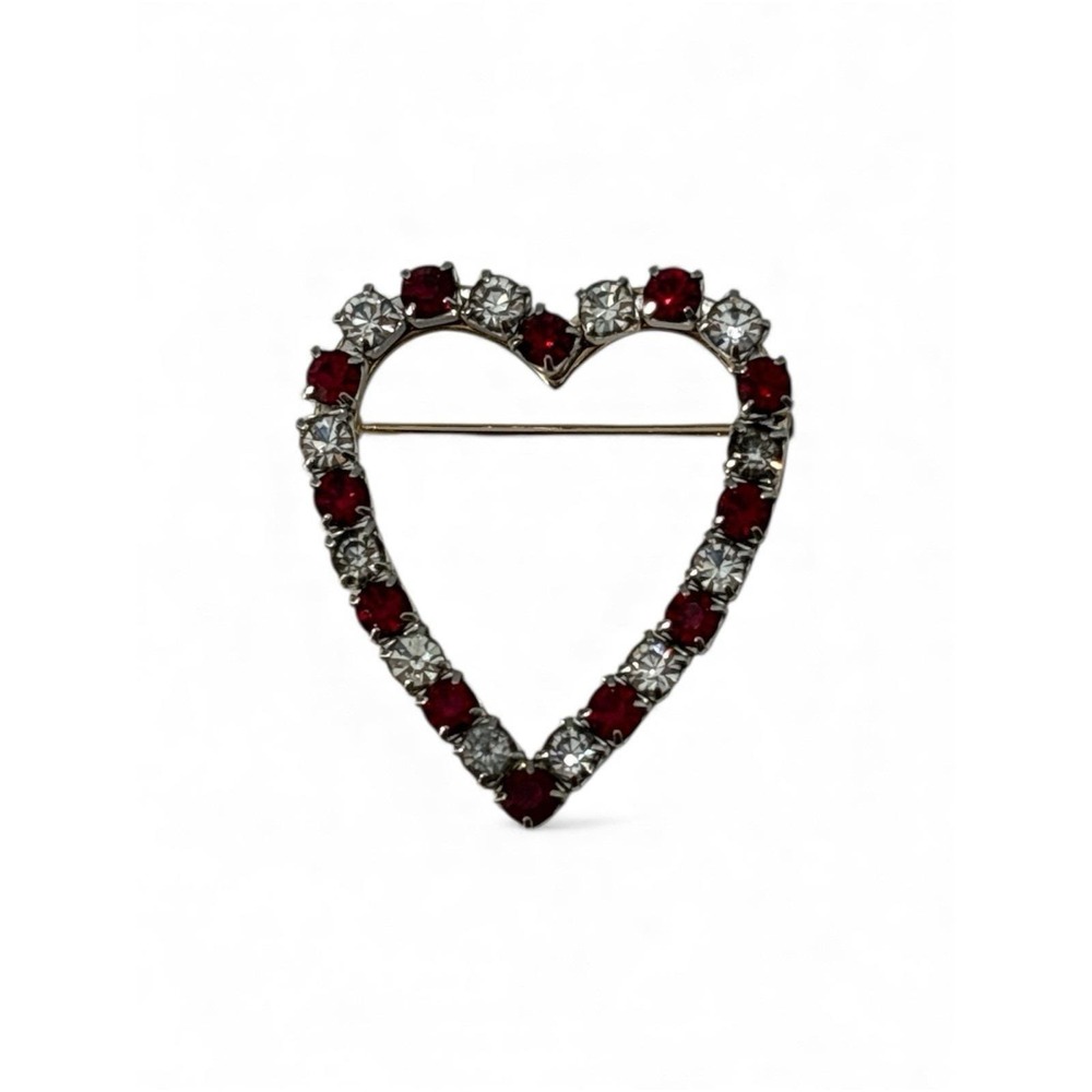 Vintage Silver and Gold Tone‎ Red Clear Rhinestone Love Heart Brooch Pin